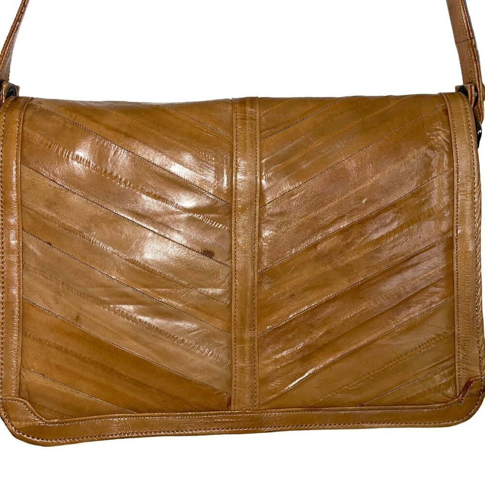 Vintage Womens Clutch Shoulder Bag Tan Eel Skin Convertible Detachable Strap